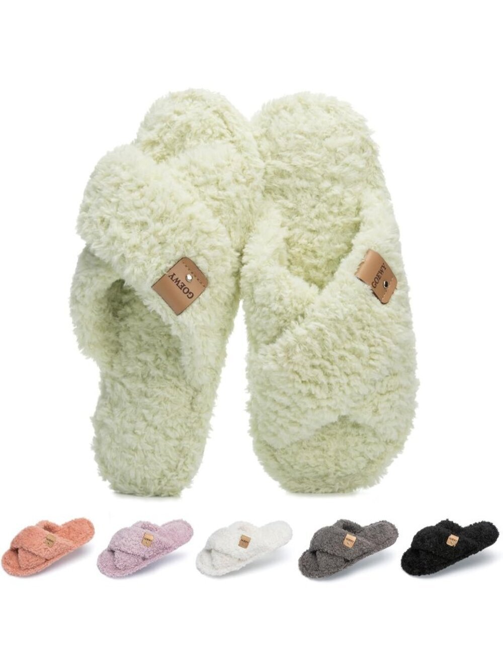 Women's Light Green Cross Band Indoor and Outdoor Fuzzy Open Toe Slipper Shoes